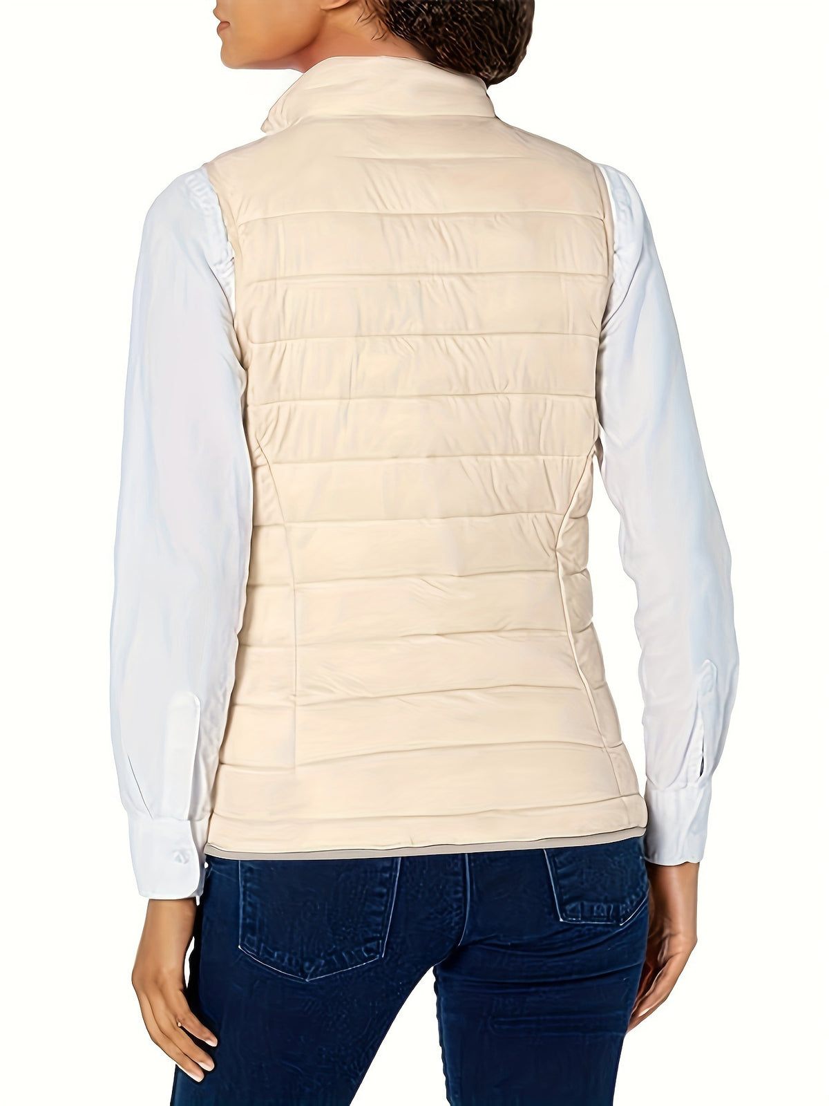 Off-white women’s puffer vest back view, stand collar and horizontal quilting