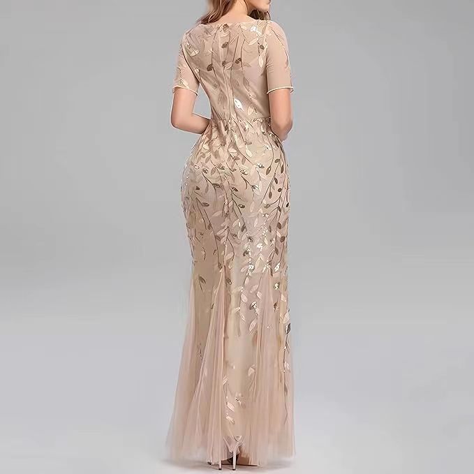 Women's mesh sequin fishtail evening dress, back view, short sleeves, gold-beige tone