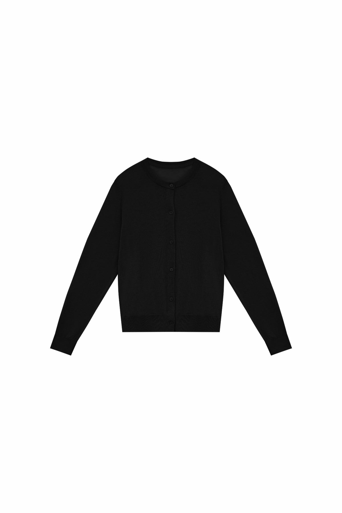 Black water-soluble wool blend cardigan, long sleeves, button-front, round neckline
