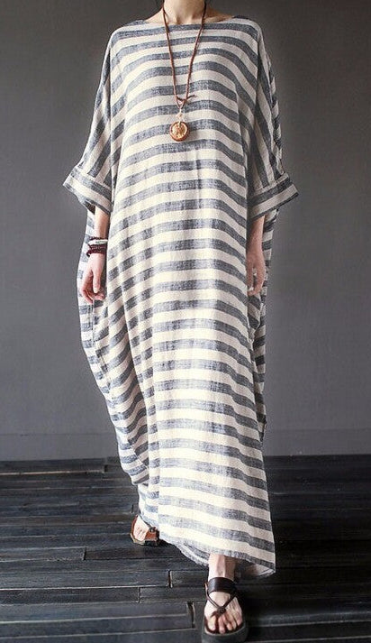 Striped Linen Maxi Dress with Batwing Sleeves — Oversized Relaxed Fit with Side Pockets
