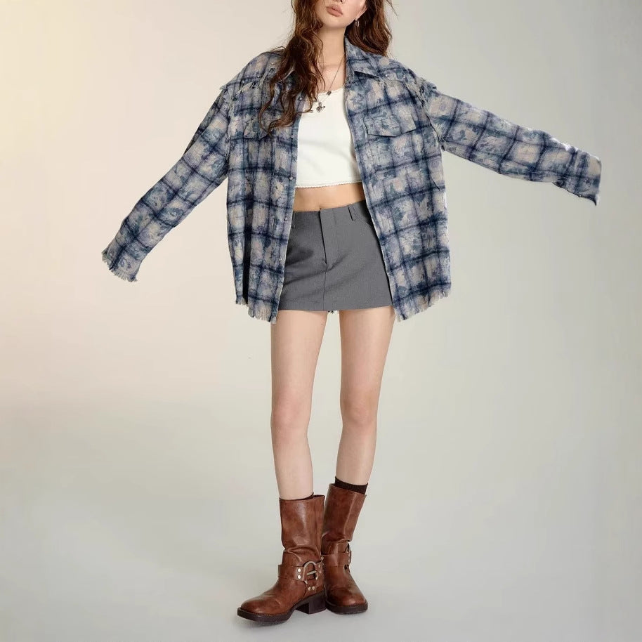 Plaid Shirt for Women — Oversized Tie Dye Wash with Frayed Trims in Lightweight Cotton