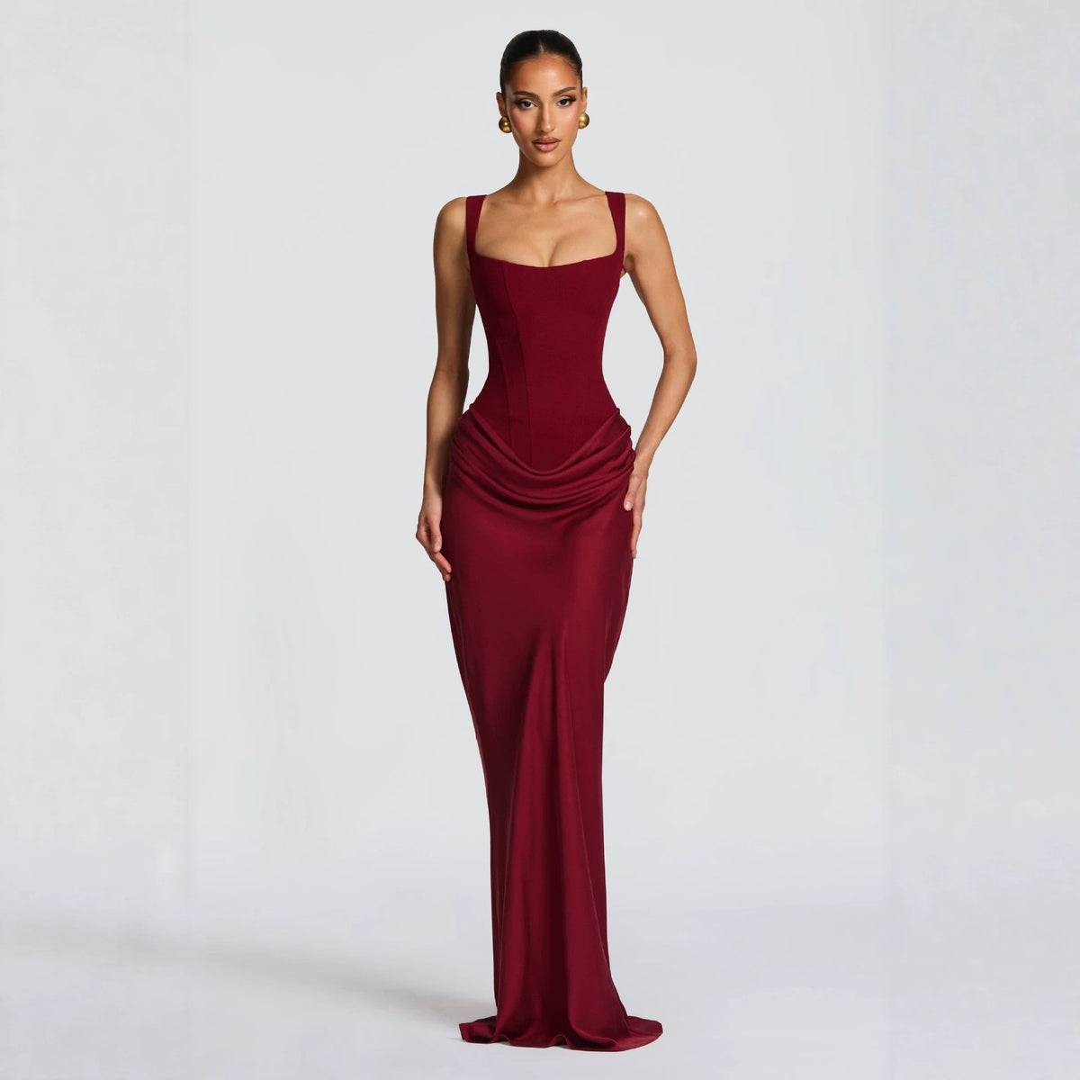 Burgundy spaghetti-strap ruched bodycon maxi dress with gathered waist detail