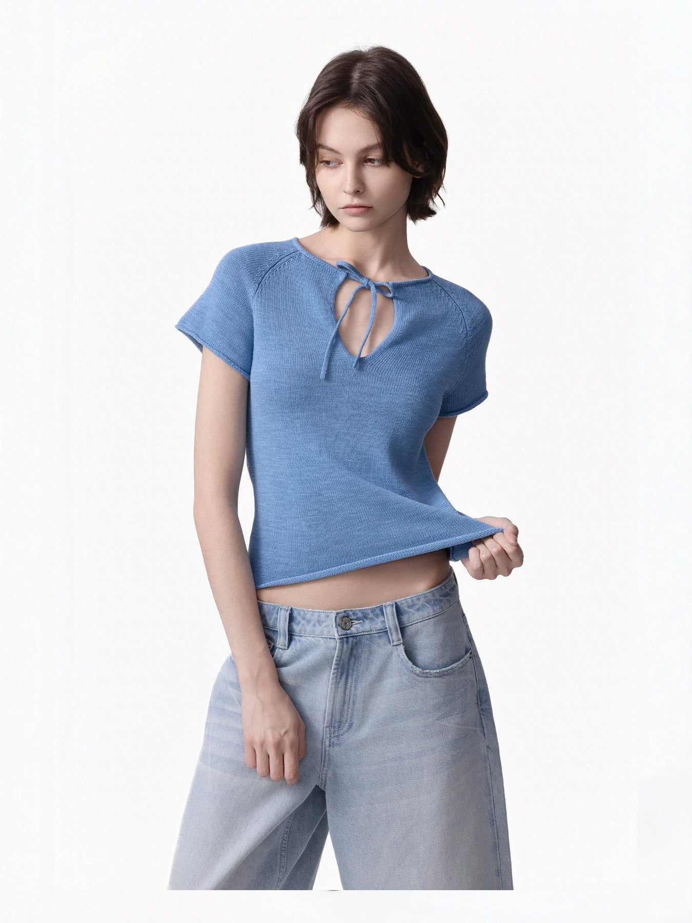 Short Sleeve Knit Top — Slim Fit with Keyhole Tie Neck and Rolled Edges in Linen