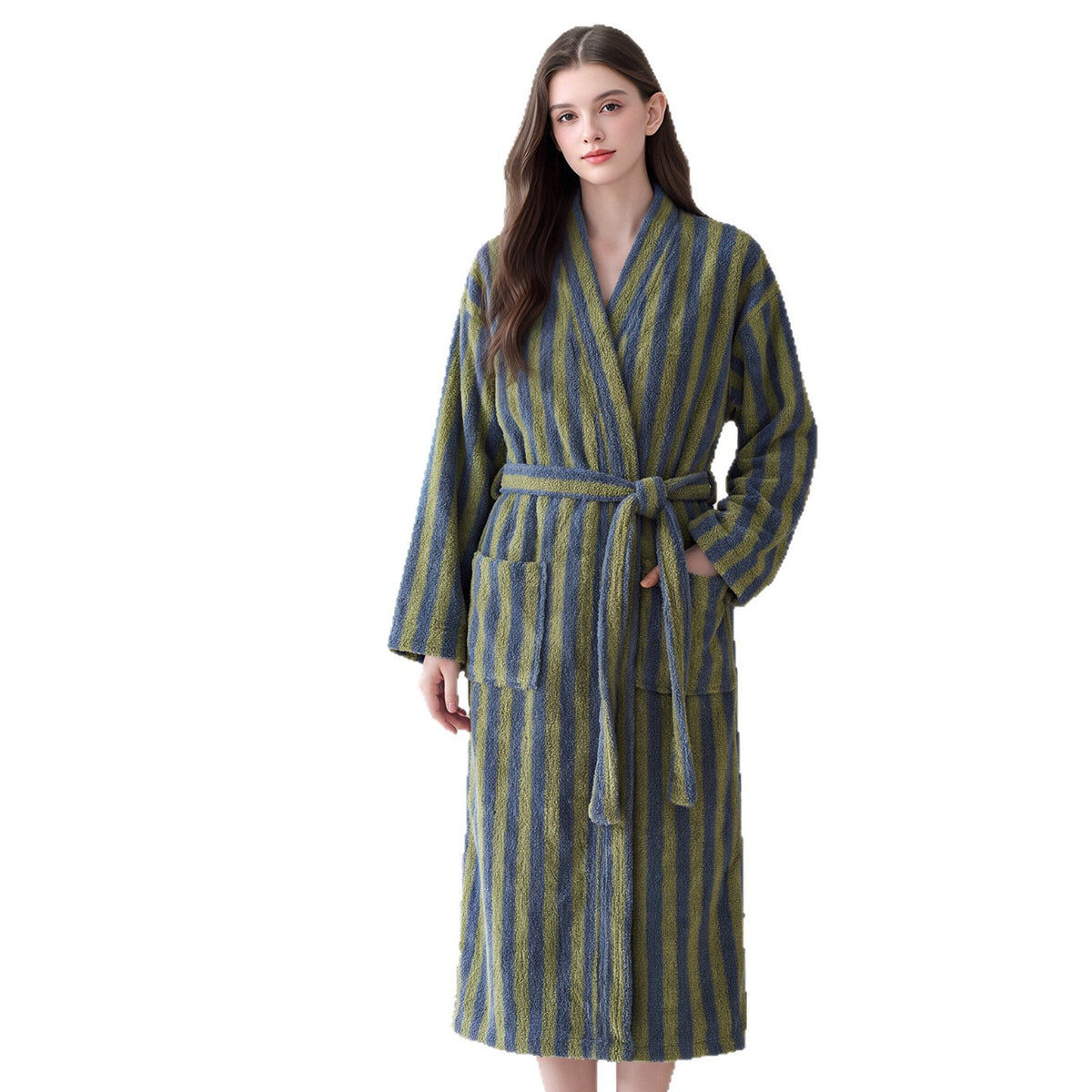 Blue and green striped fleece robe with shawl collar and tie belt, front view.