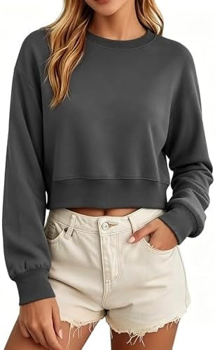 Dark gray women's cropped sweatshirt with a round neck, long sleeves, and loose fit