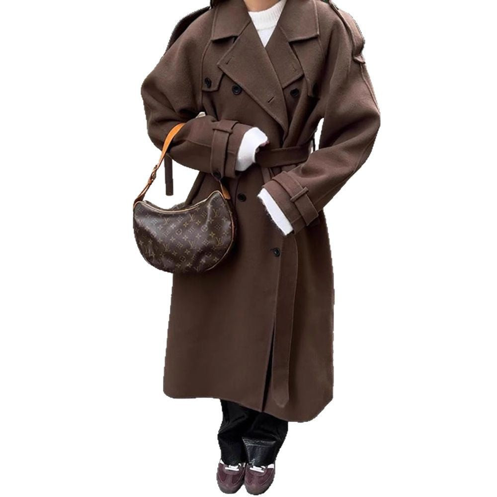 Long Wool Coat for Women — Oversized Double Breasted Belted Maxi Overcoat