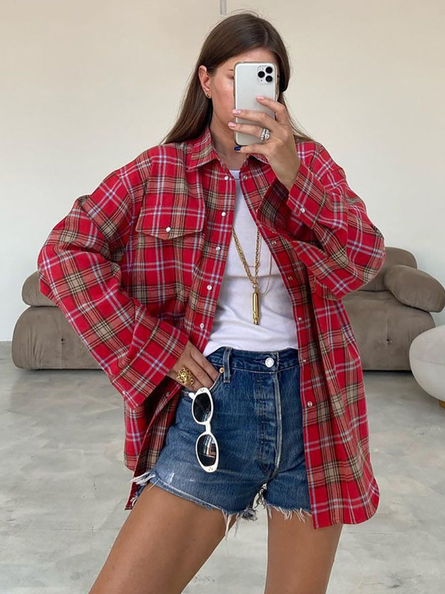 Red Plaid Flannel Shirt for Women — Oversized Button Front Layering Shirt