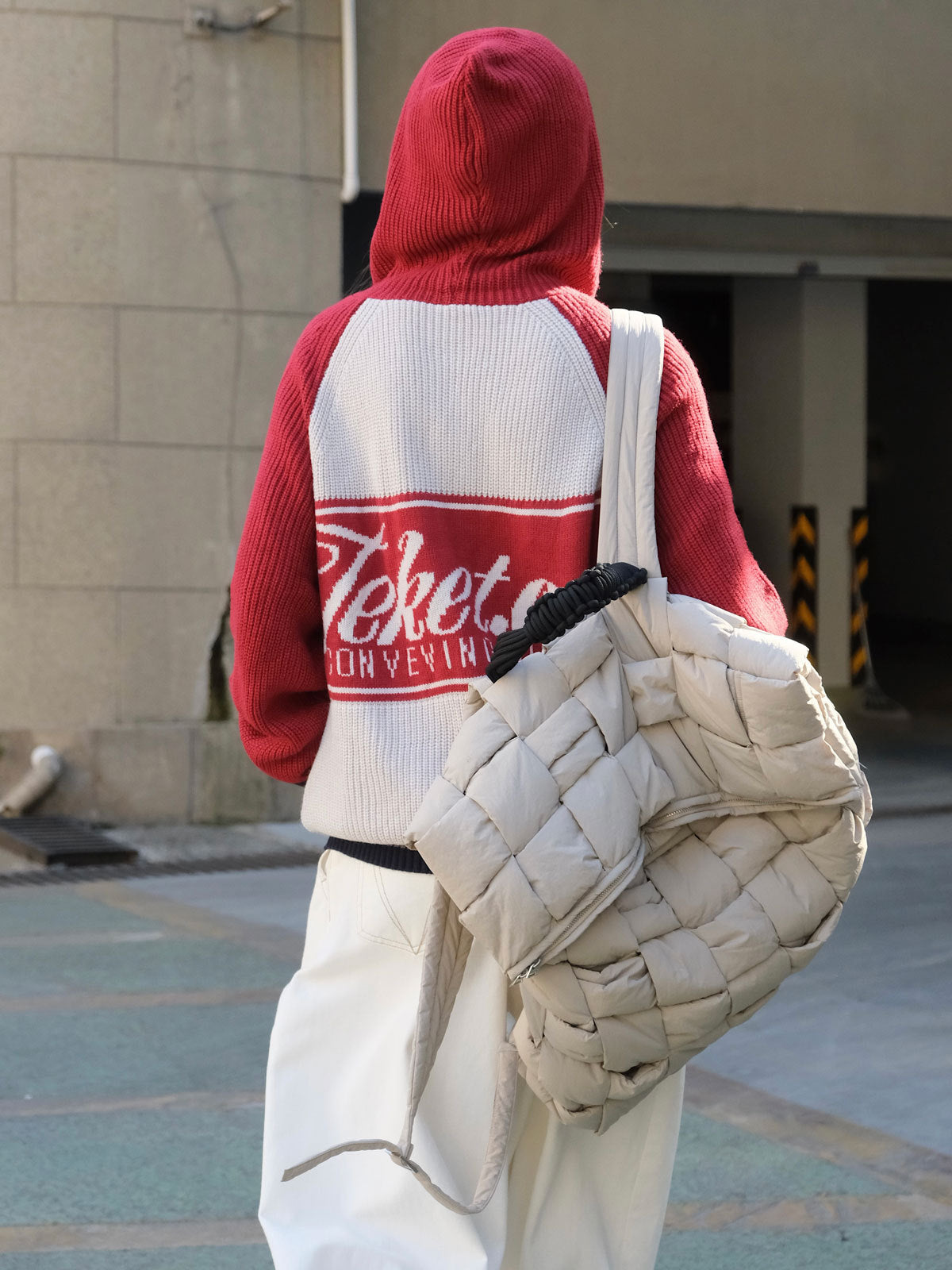Women’s hooded sweater, red hood and back with white front and navy striped trim