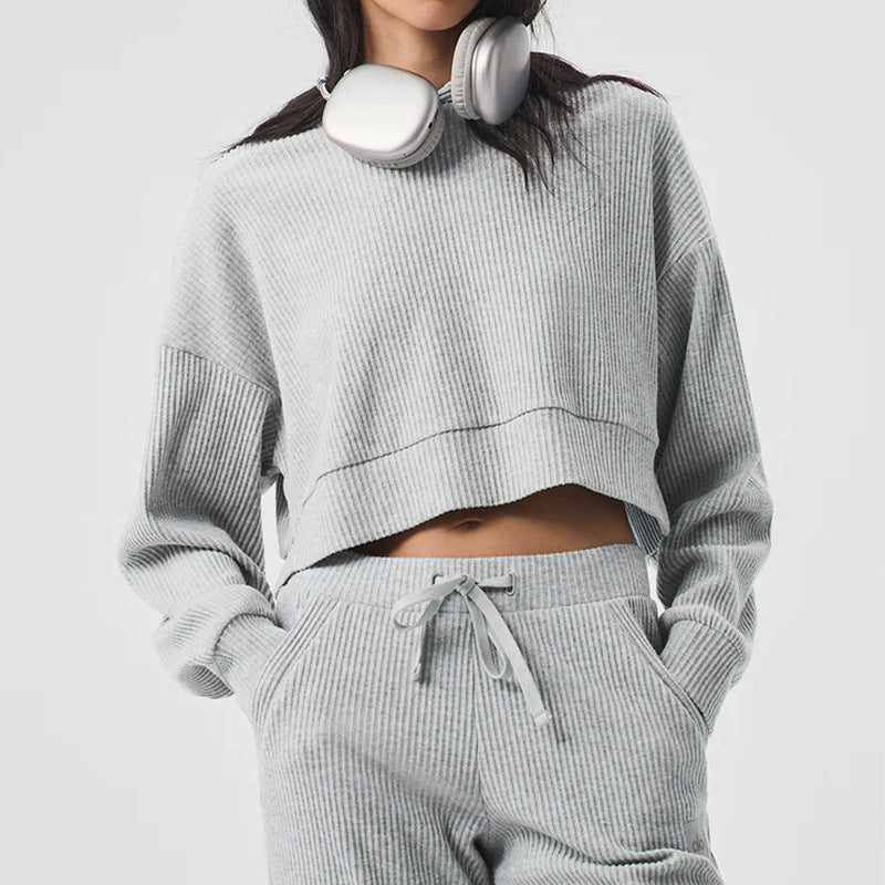 Gray corduroy hooded pullover sweater and matching jogger pants with drawstring waist