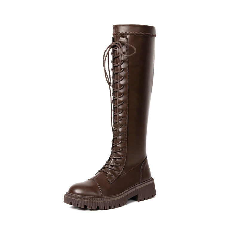 Knee-high lace-up riding boots with chunky sole, medium brown