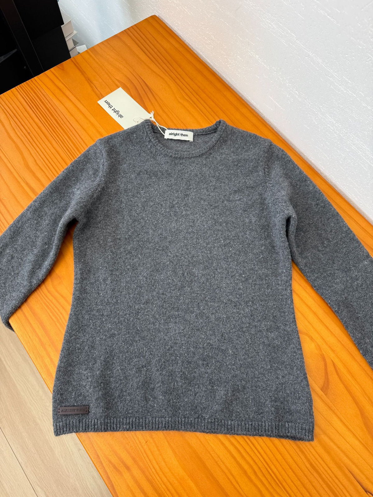 Wool knit sweater, fitted gray crewneck pullover with long sleeves and ribbed hem