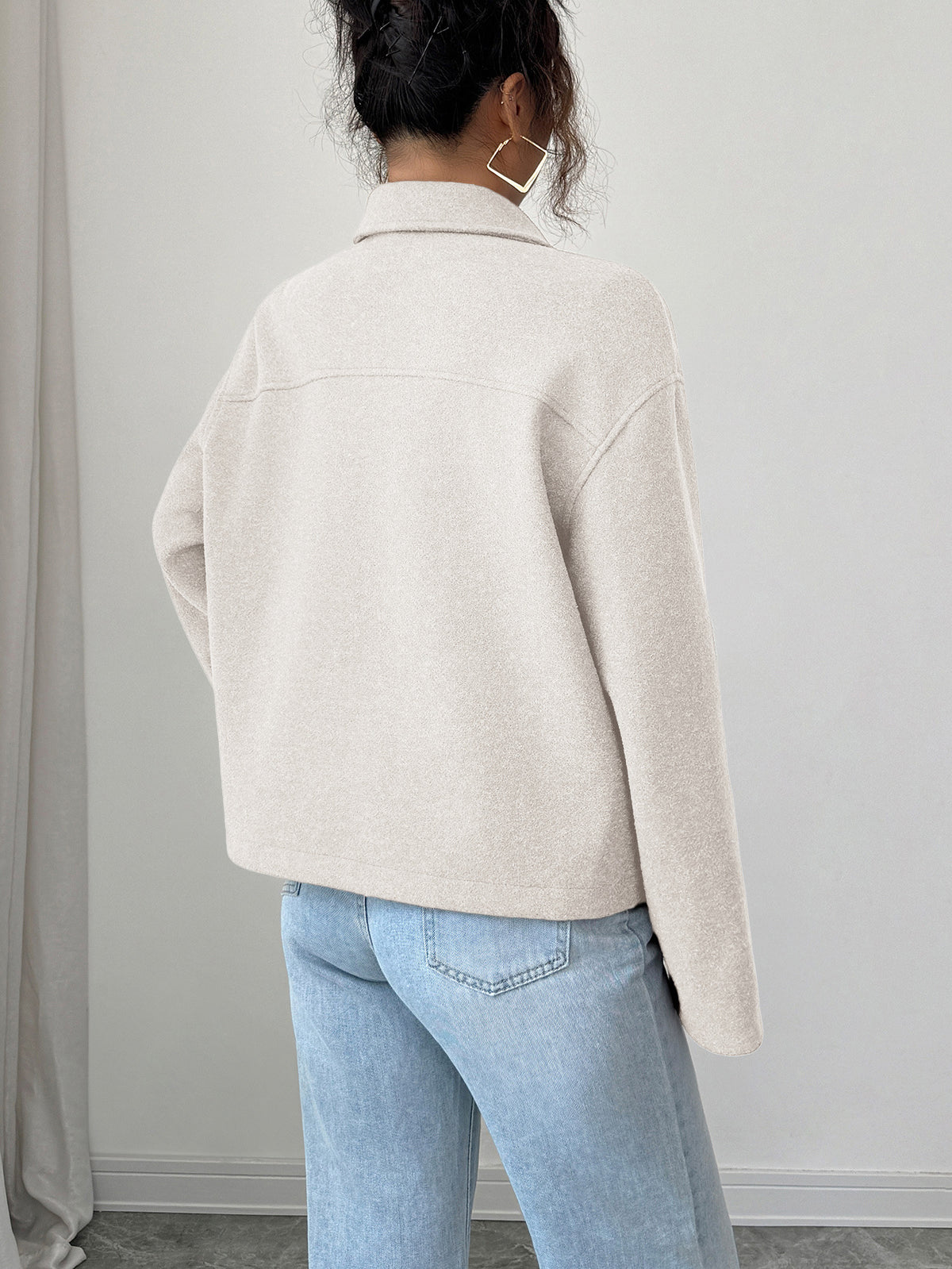 Wool Jacket for Women — Cropped Boxy Zip Front with Point Collar and Drop Shoulders