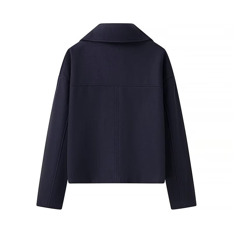 Navy double-breasted short wool jacket back view with seam detailing