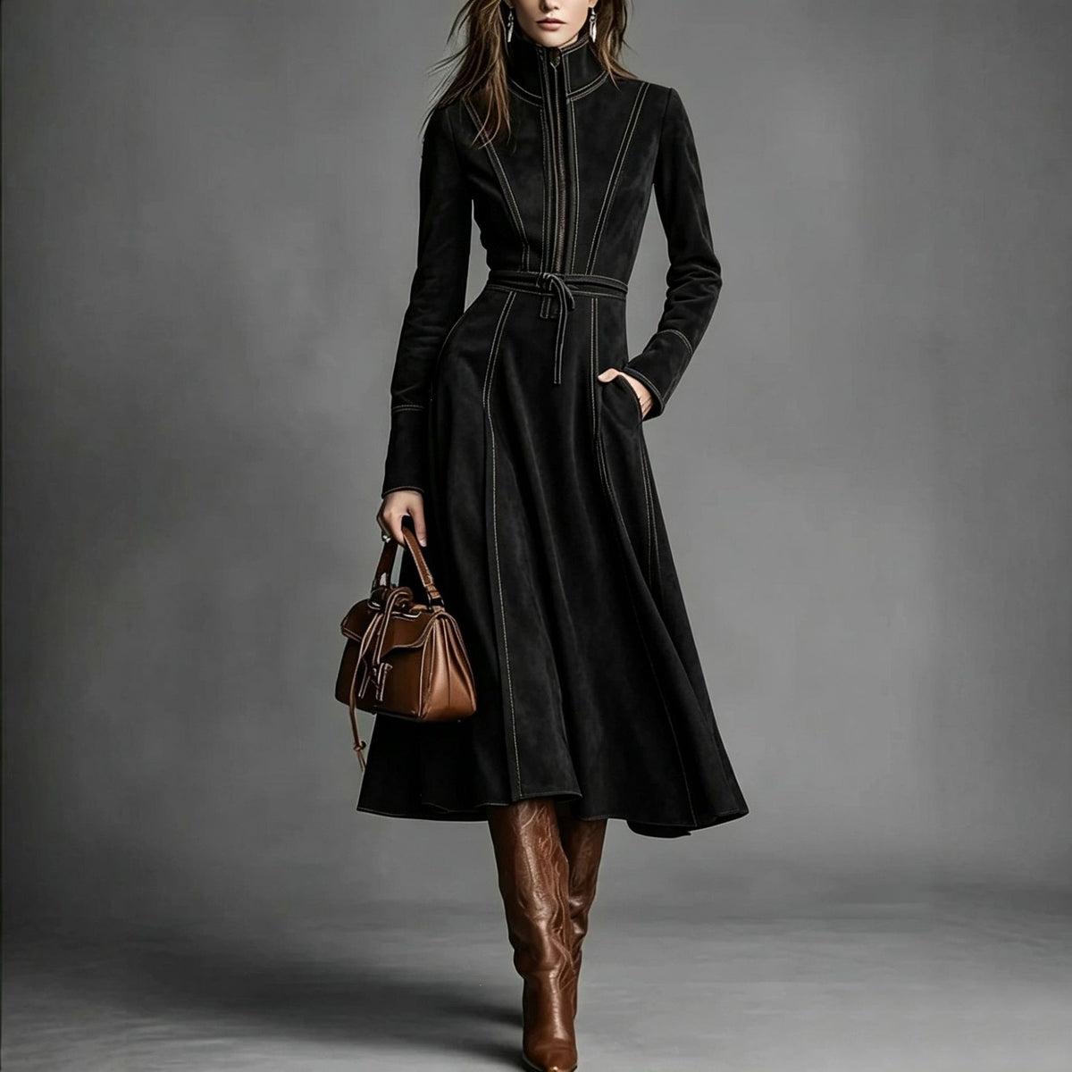 Black stand-collar long-sleeve dress with drawstring waist, pockets, and flared skirt.