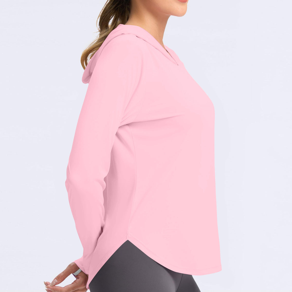Women's hooded sun protection shirt, long-sleeve, pink side view