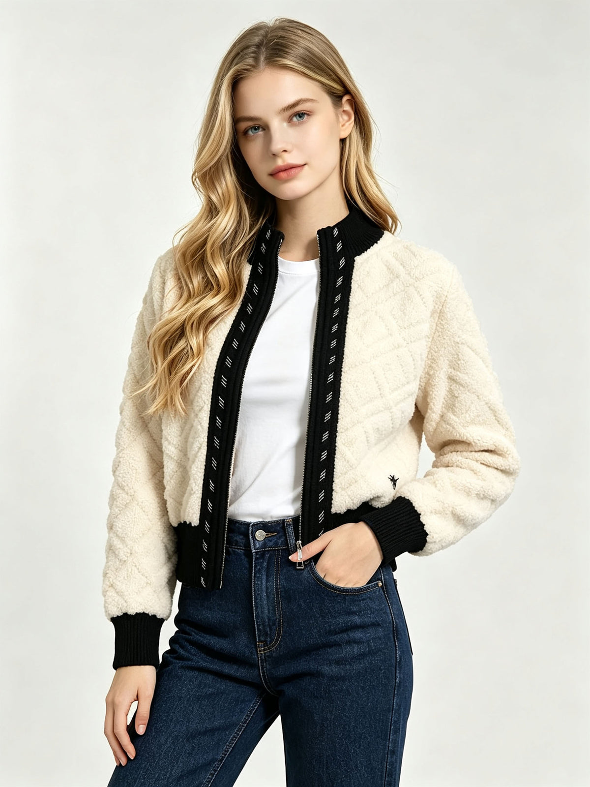 Cream cable-knit cardigan with black stand collar, zip front, and ribbed cuffs.