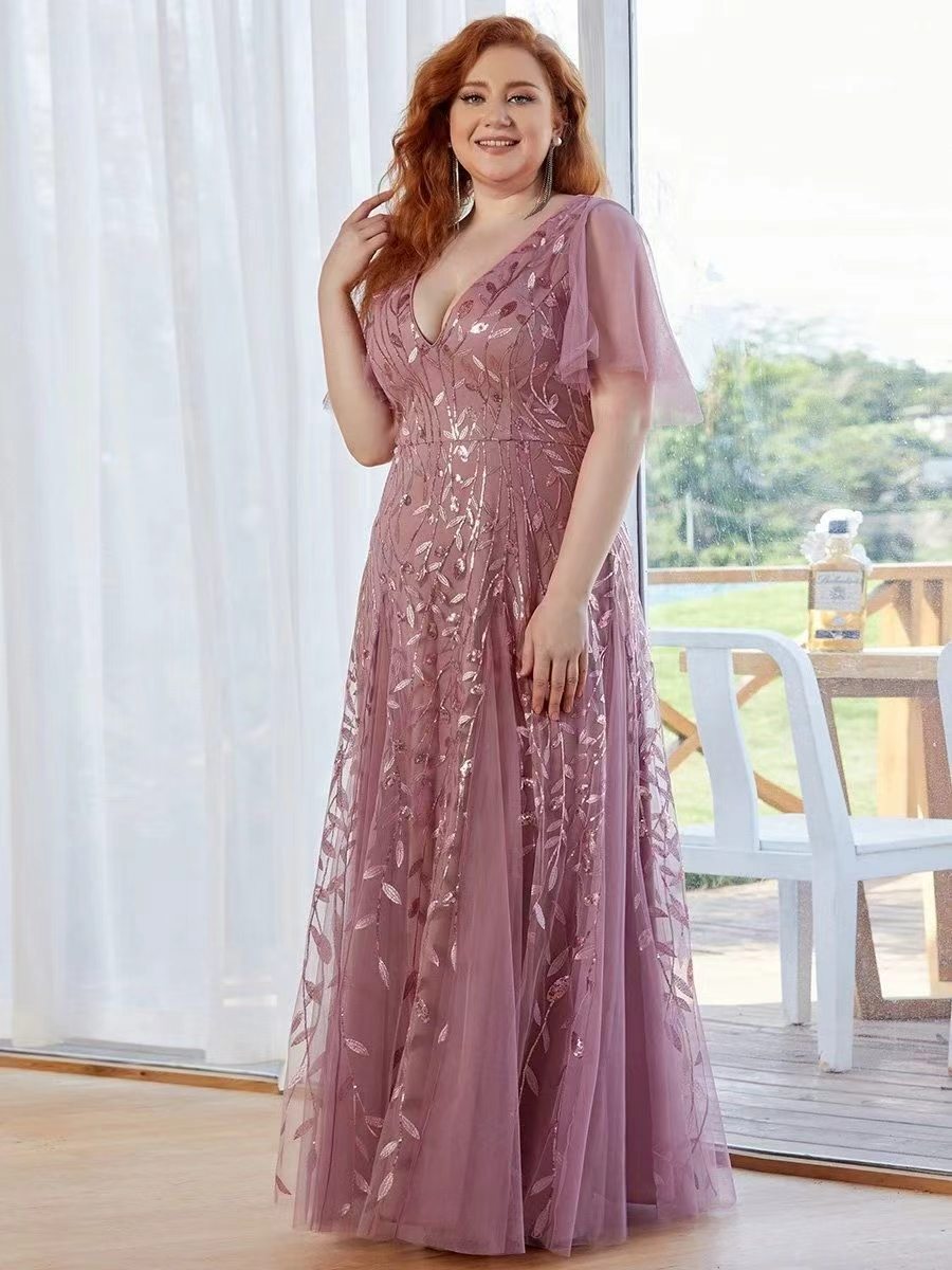 Sequined mesh fishtail gown, dusty rose, V-neck short sleeves, full tulle skirt