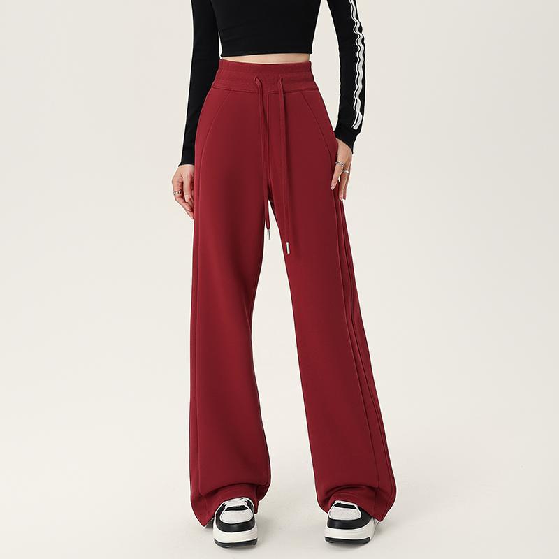 Women’s high-waisted wide-leg sweatpants, red, drawstring waist