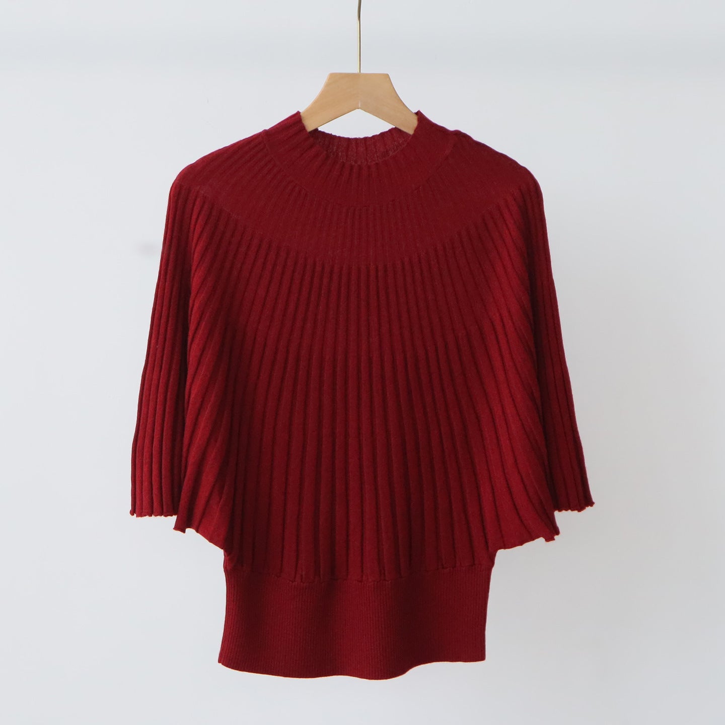 Short Sleeve Sweater for Women — Mock Neck Ribbed Knit with Batwing Sleeves in Soft Wool Blend