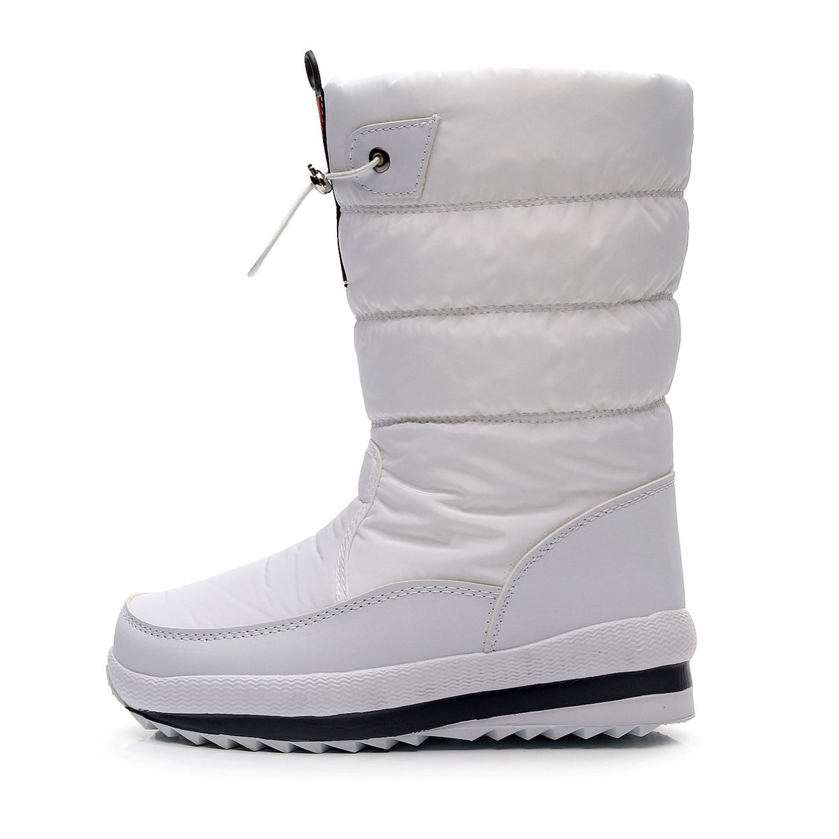 White insulated mid-calf snow boot with quilted puffer upper and lace-up toggle.