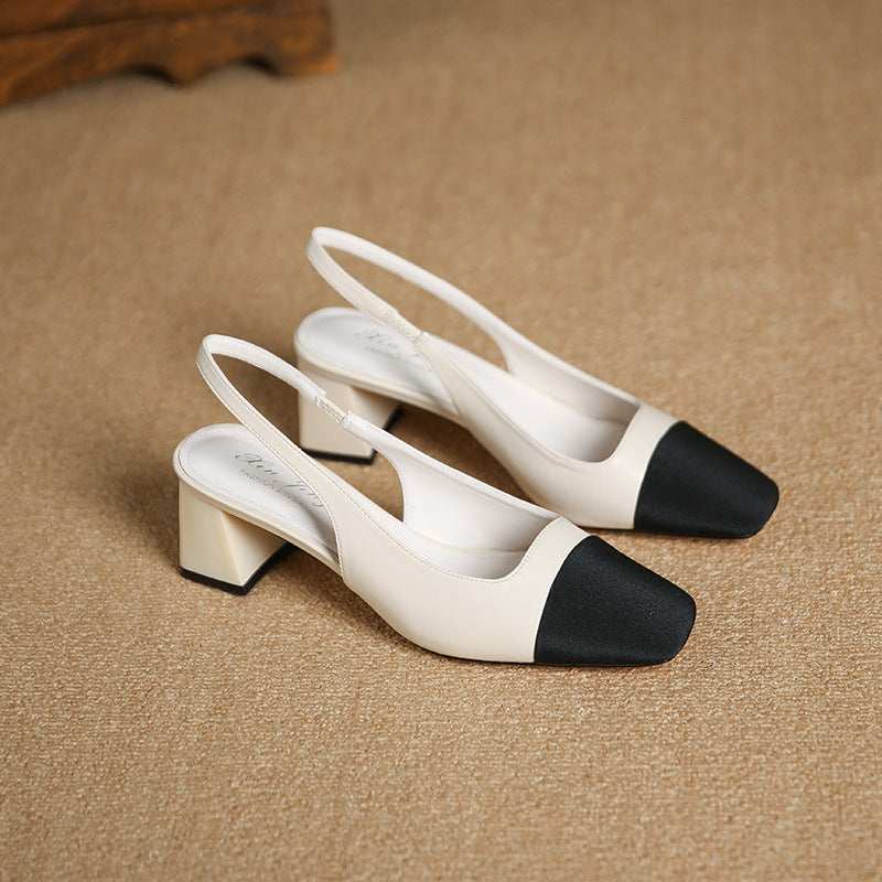 Women’s color-block square-toe slingback chunky heels, cream and black, side view