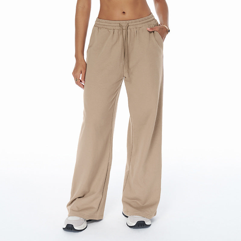 High-waisted loose sweatpants with straight legs, drawstring waist, beige
