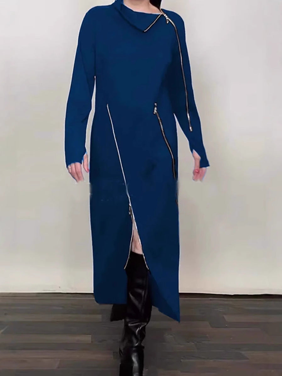 Long Sleeve Knit Midi Dress — High Funnel Neck with Asymmetric Zip Detail and Side Slit