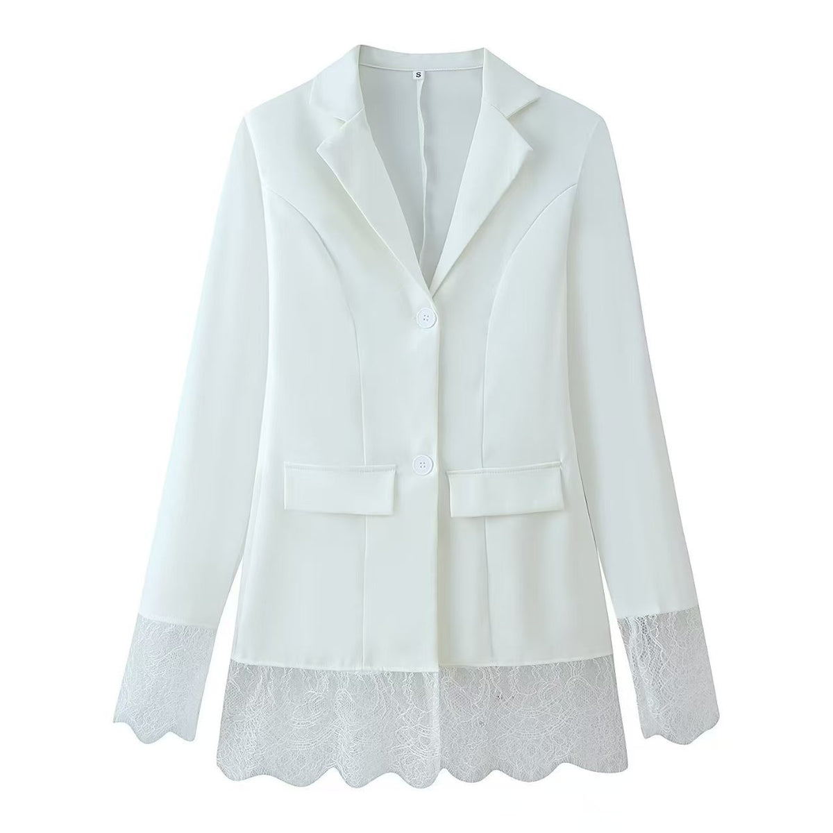 White wool blazer mini dress with feather-trim hem and cuffs, single-breasted