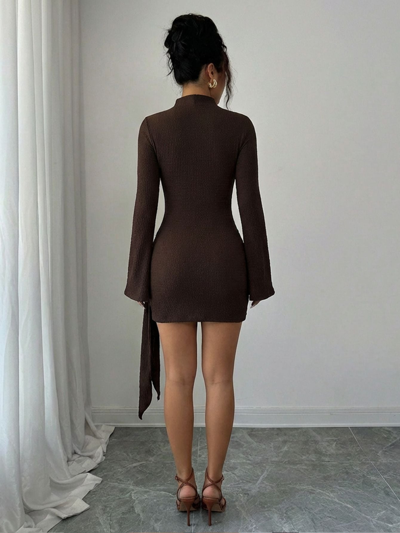 Bell Sleeve Mini Dress — Mock Neck Draped Sash Bodycon Style in Ribbed Knit