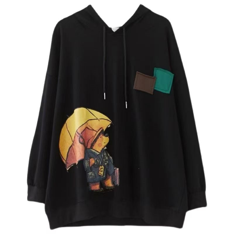 Black hoodie top with hood, drawstrings, and illustrated front graphic