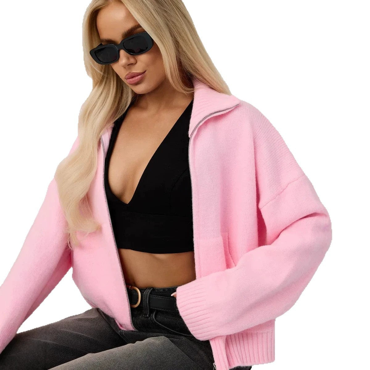 Women’s pink knitted zip-up cardigan with stand-up collar and ribbed hem