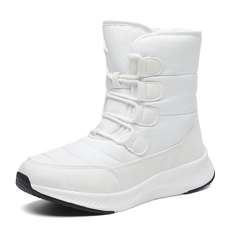 White high-top winter snow boot with fleece lining, hook-and-loop strap closure, and thick sole