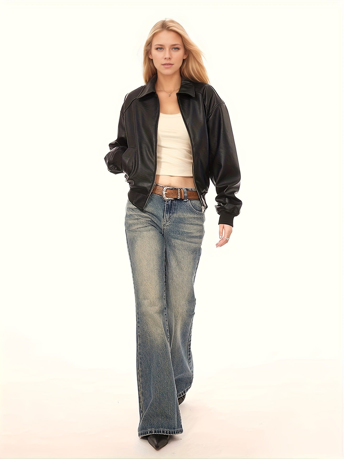 Black faux leather oversized bomber jacket with zipper front and stand collar