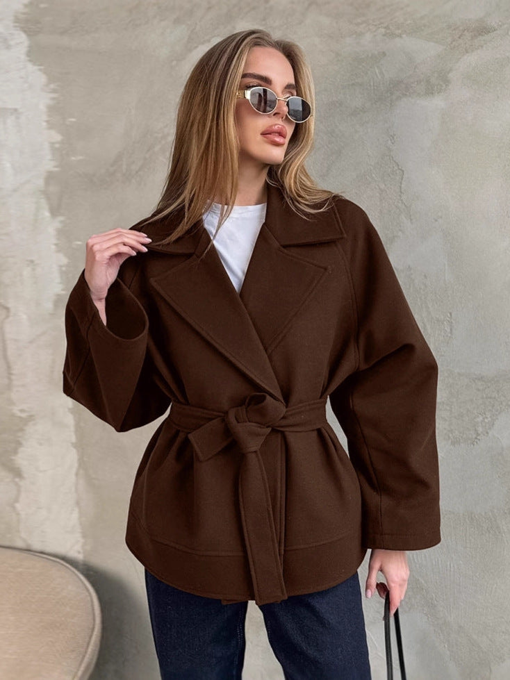 Wool Coat for Women — Short Belted Wrap Style with Notch Lapel and Dropped Shoulders