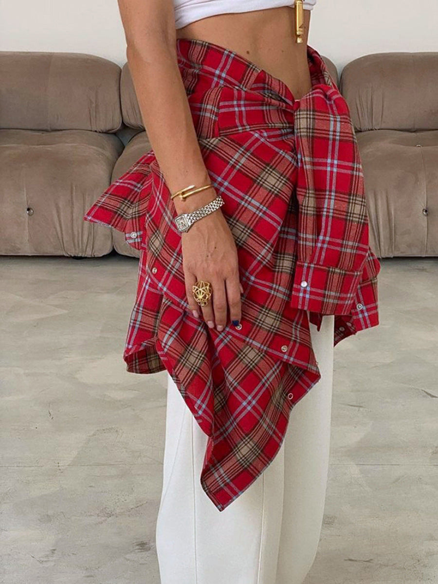 Red Plaid Flannel Shirt for Women — Oversized Button Front Layering Shirt