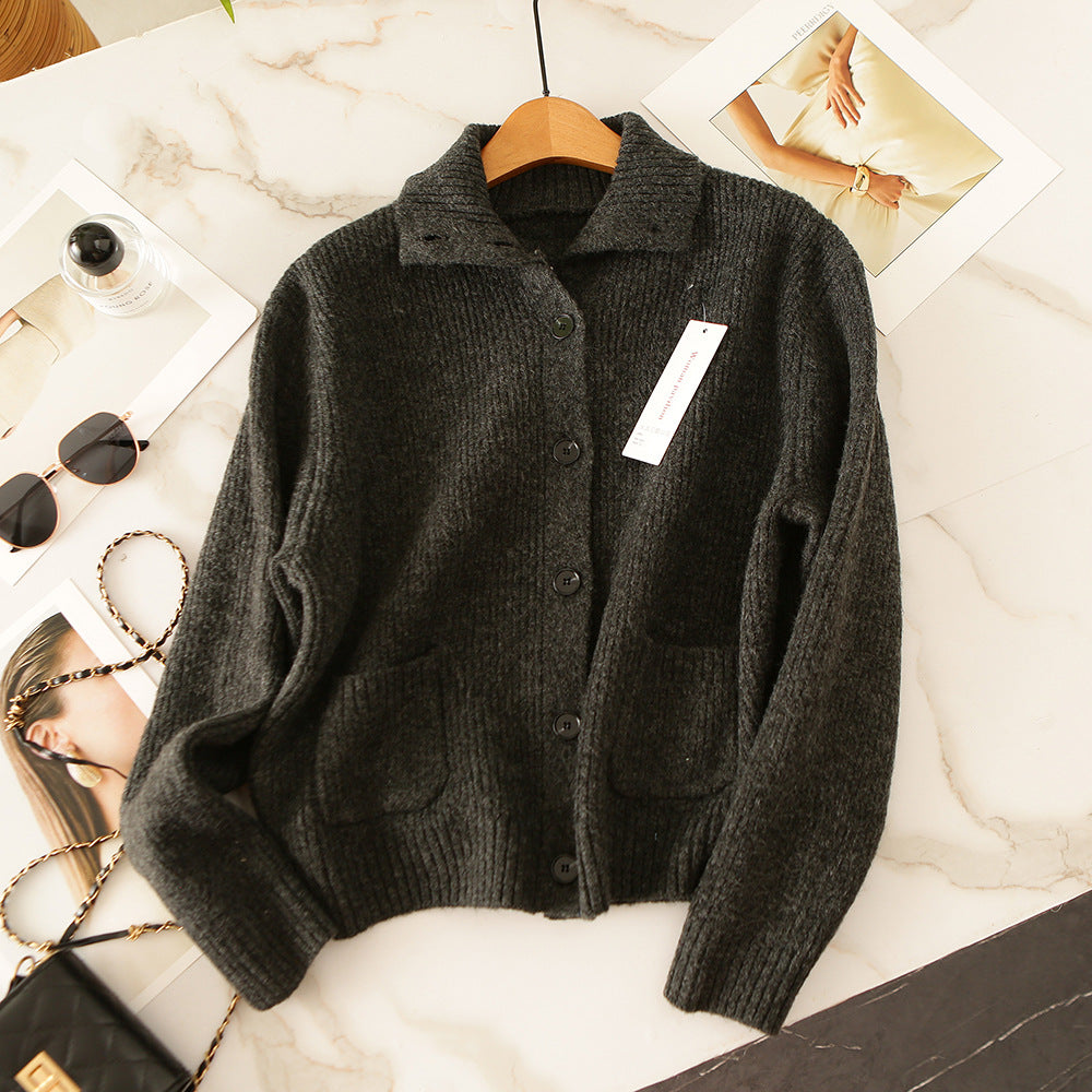Women’s dark gray knitted cardigan with lapel, button-front, long sleeves