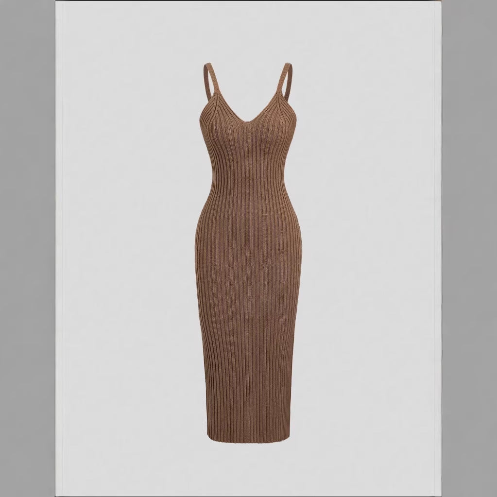 Brown ribbed knit long camisole dress with thin spaghetti straps