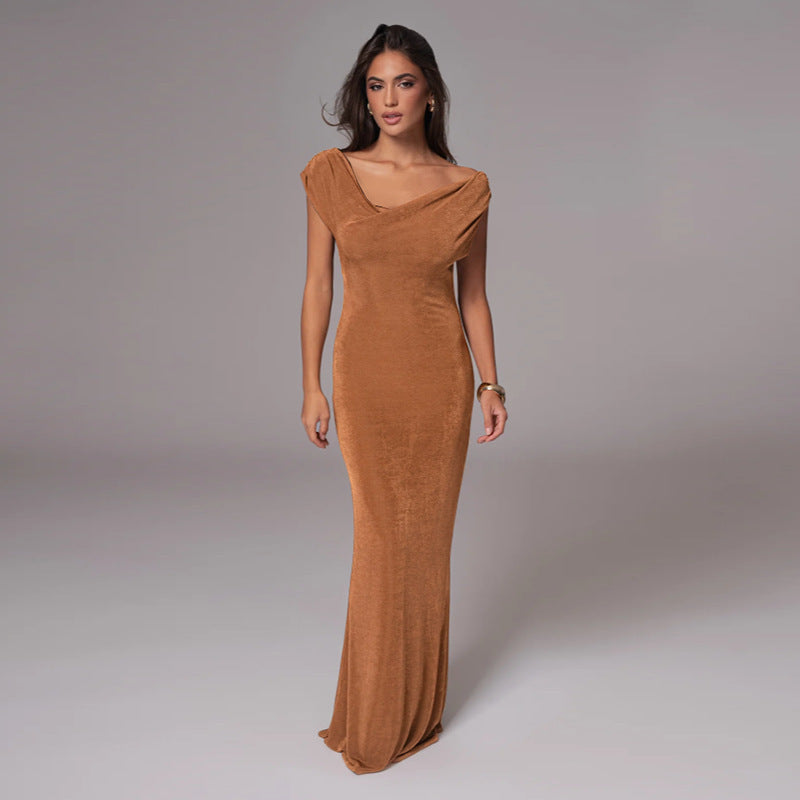One Shoulder Maxi Dress for Wedding Guests — Draped Asymmetric Column in Jersey