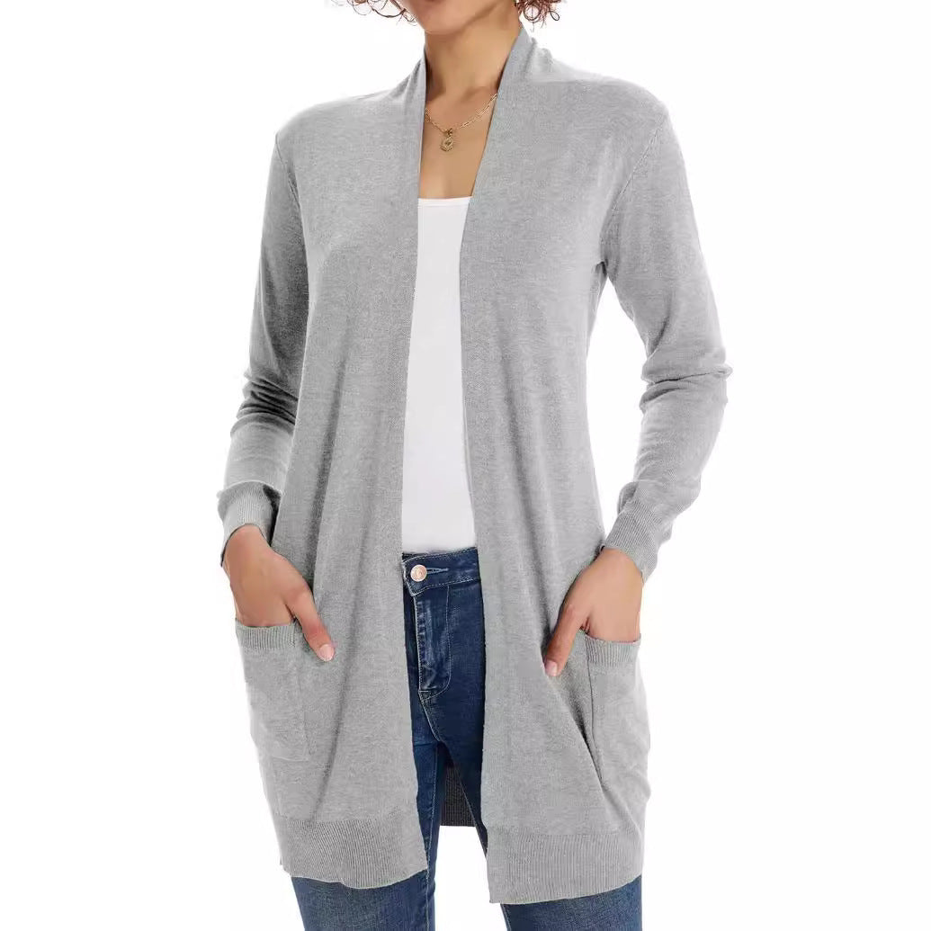Gray longline cardigan with patch pockets, open front, and long sleeves