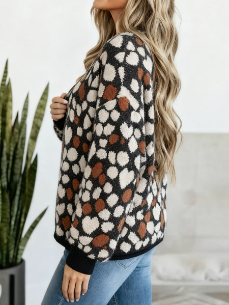 Heart Print Cardigan for Women — Button Front Knit with Balloon Sleeves in Brushed Wool