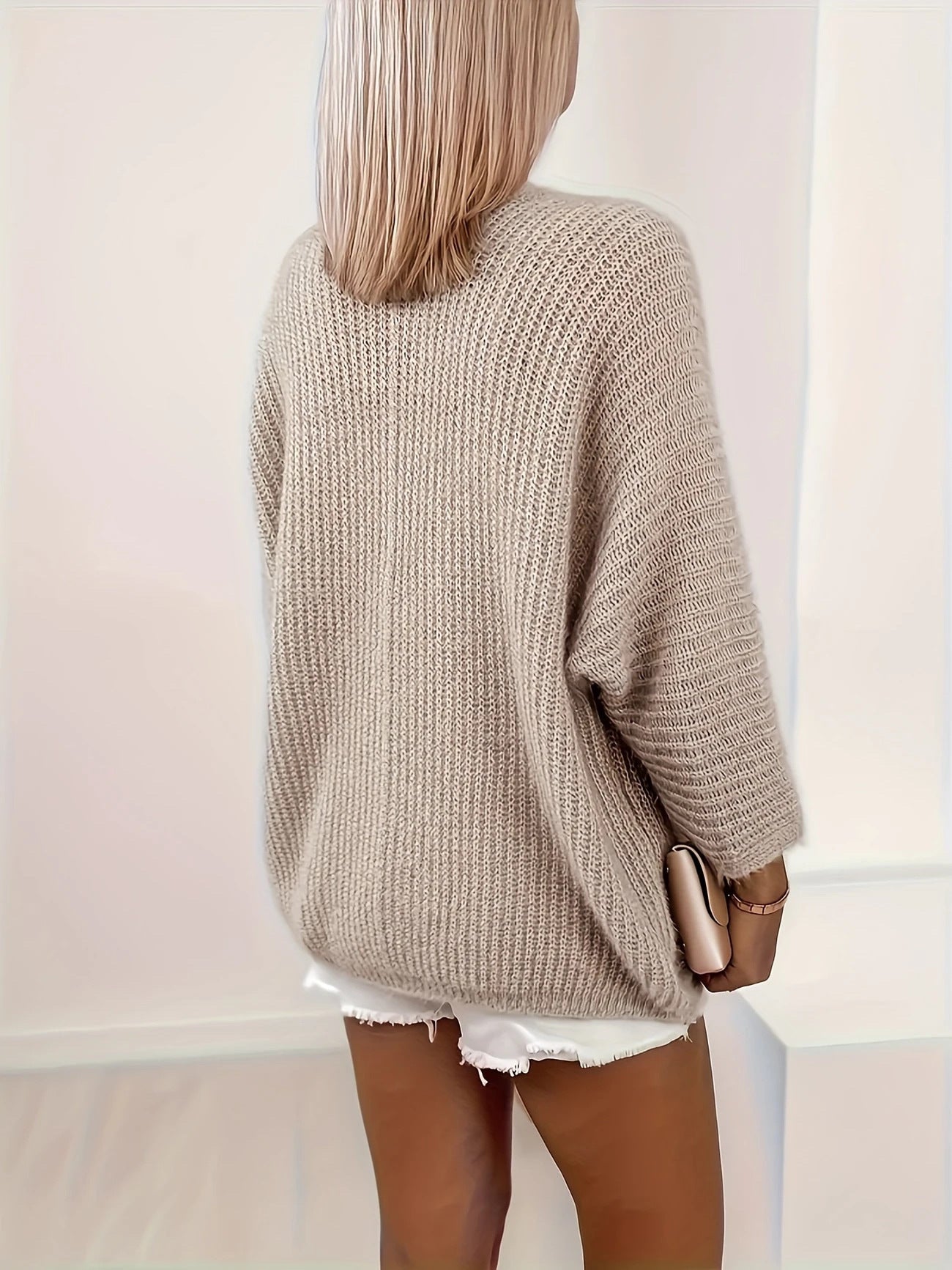 Women’s khaki knitted cardigan sweater, long sleeves, back view