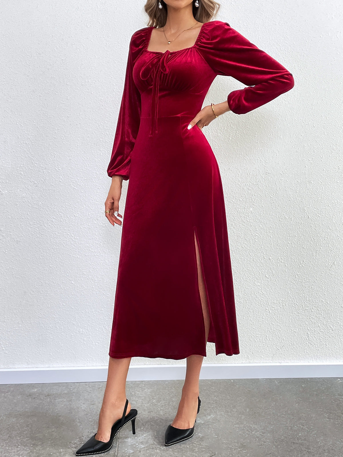 Velvet Midi Dress with Long Lantern Sleeves — Square Neck Cocktail Style with Side Slit