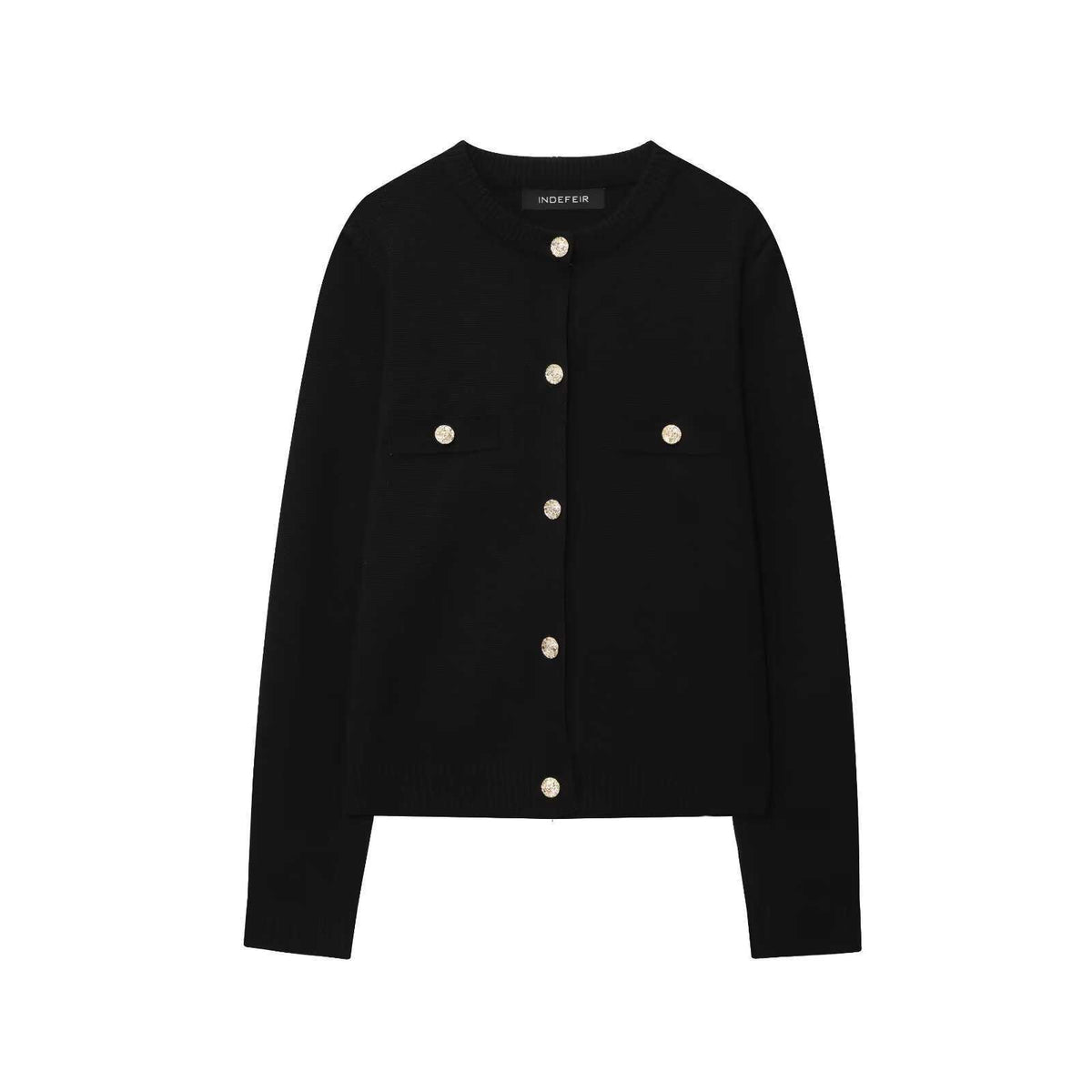 Black knit button-front jacket with long sleeves and two chest pockets