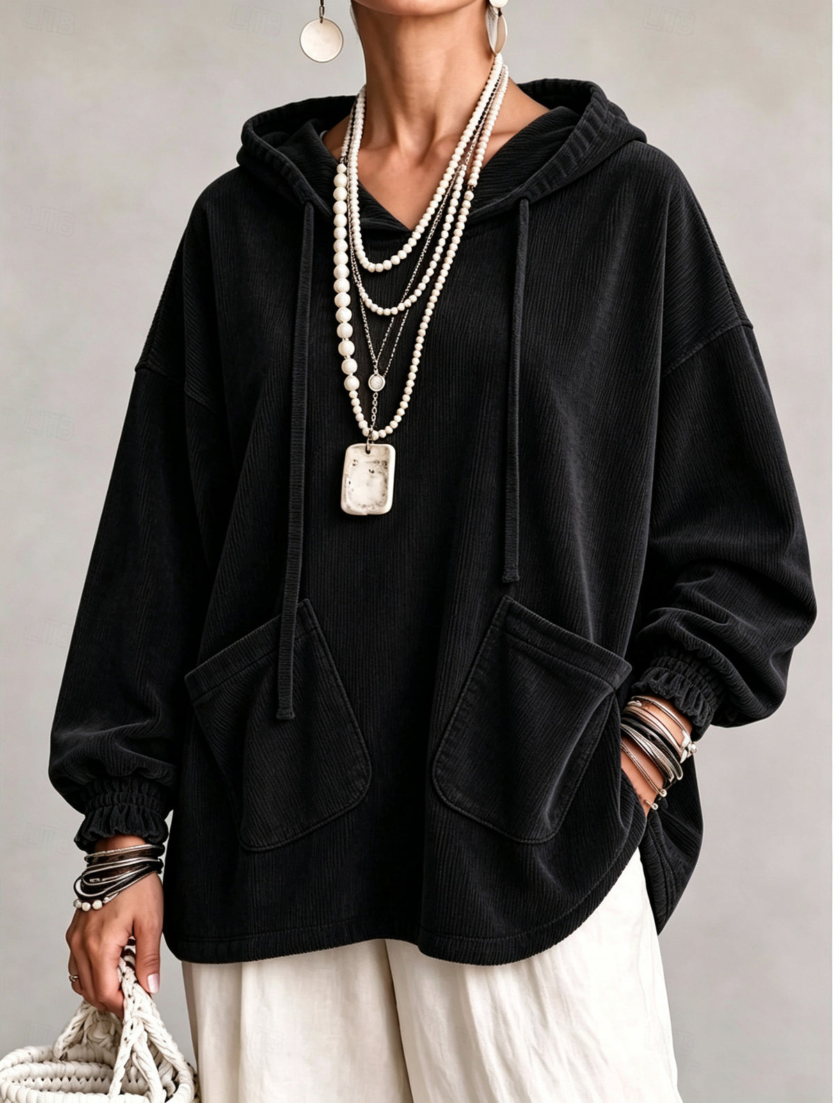 Black corduroy hooded drawstring sweatshirt, patch diagonal flap pockets