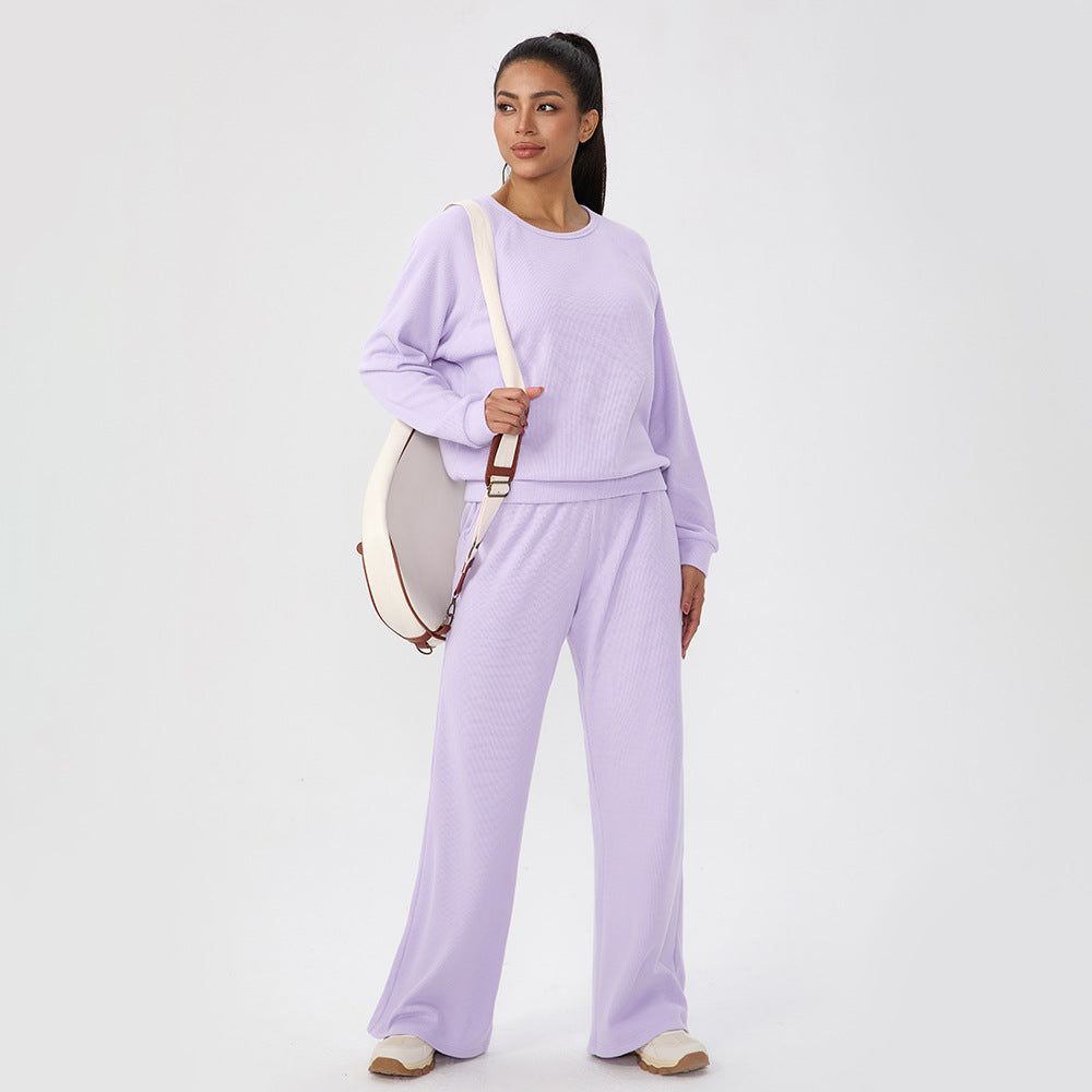 Lavender women's long-sleeve lounge set with elastic-waist wide-leg pants