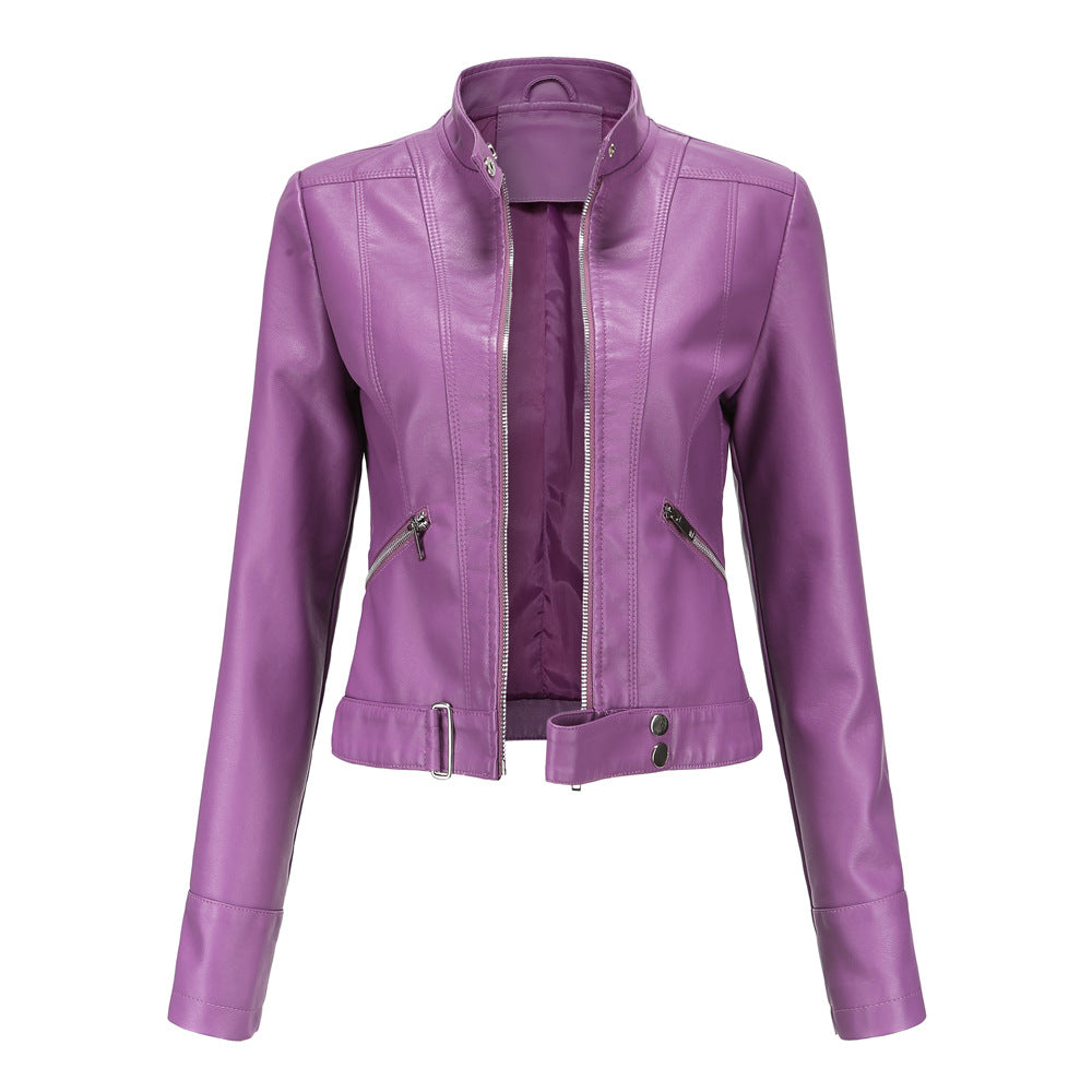 Purple faux leather cropped jacket front view with zip closure and adjustable waist tabs