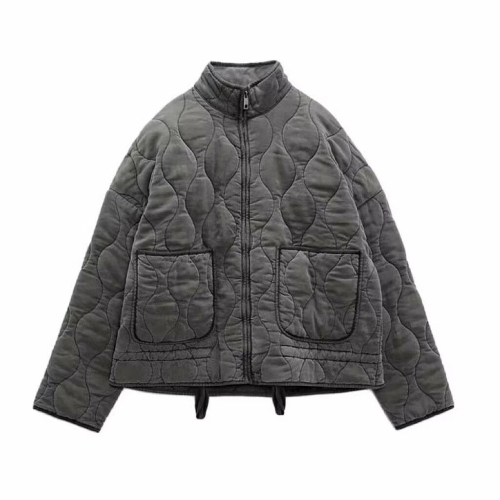 Gray quilted stand-up collar zip-front baseball jacket with flap pockets and drawstring hem.