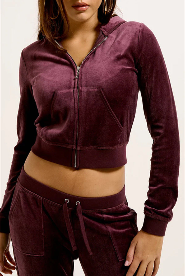 Burgundy velvet zip-front cropped hoodie with front seam pockets and matching pants