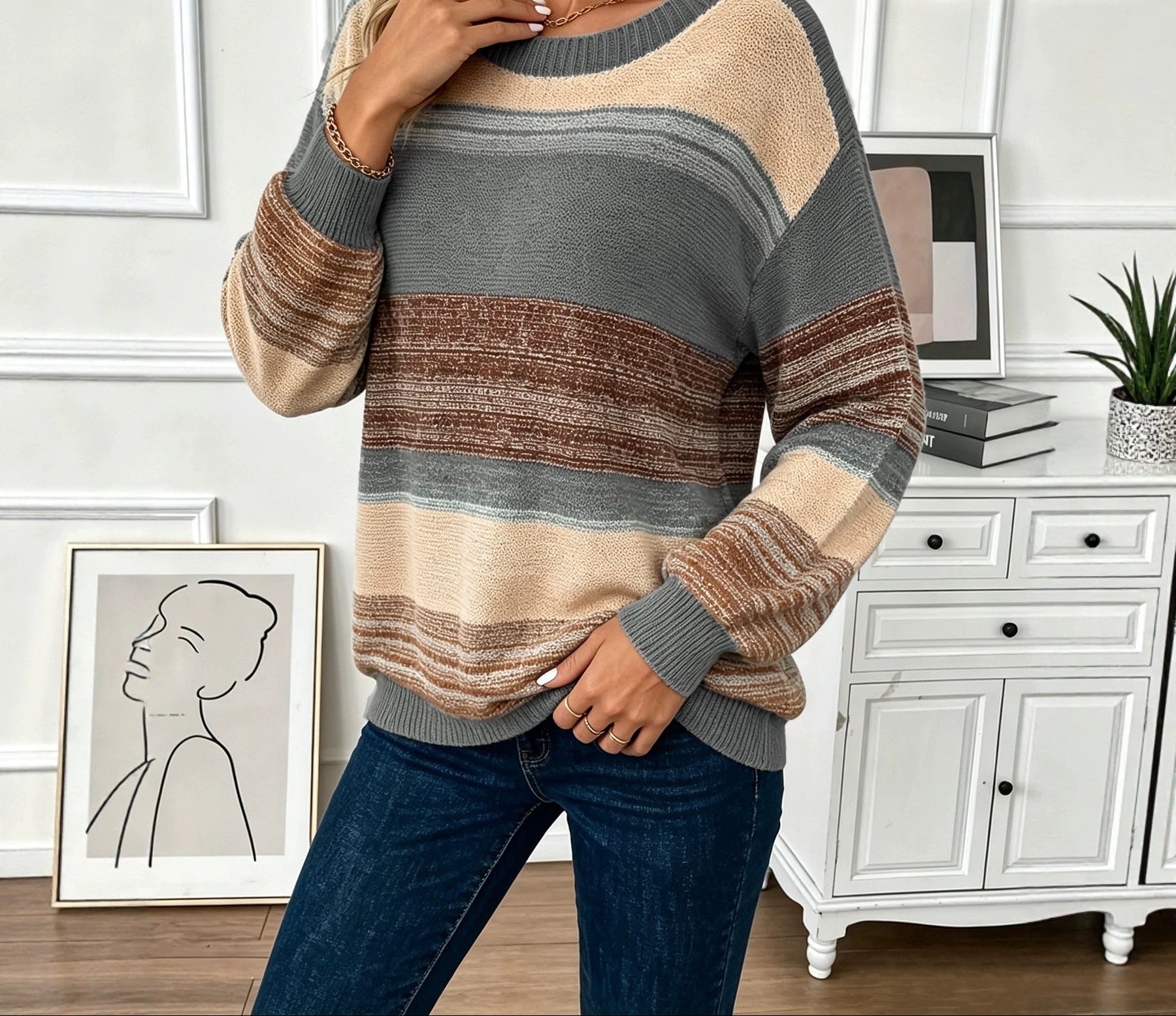 Color Block Sweater for Women — Striped Crew Neck Knit with Relaxed Drop Shoulder in Merino Wool