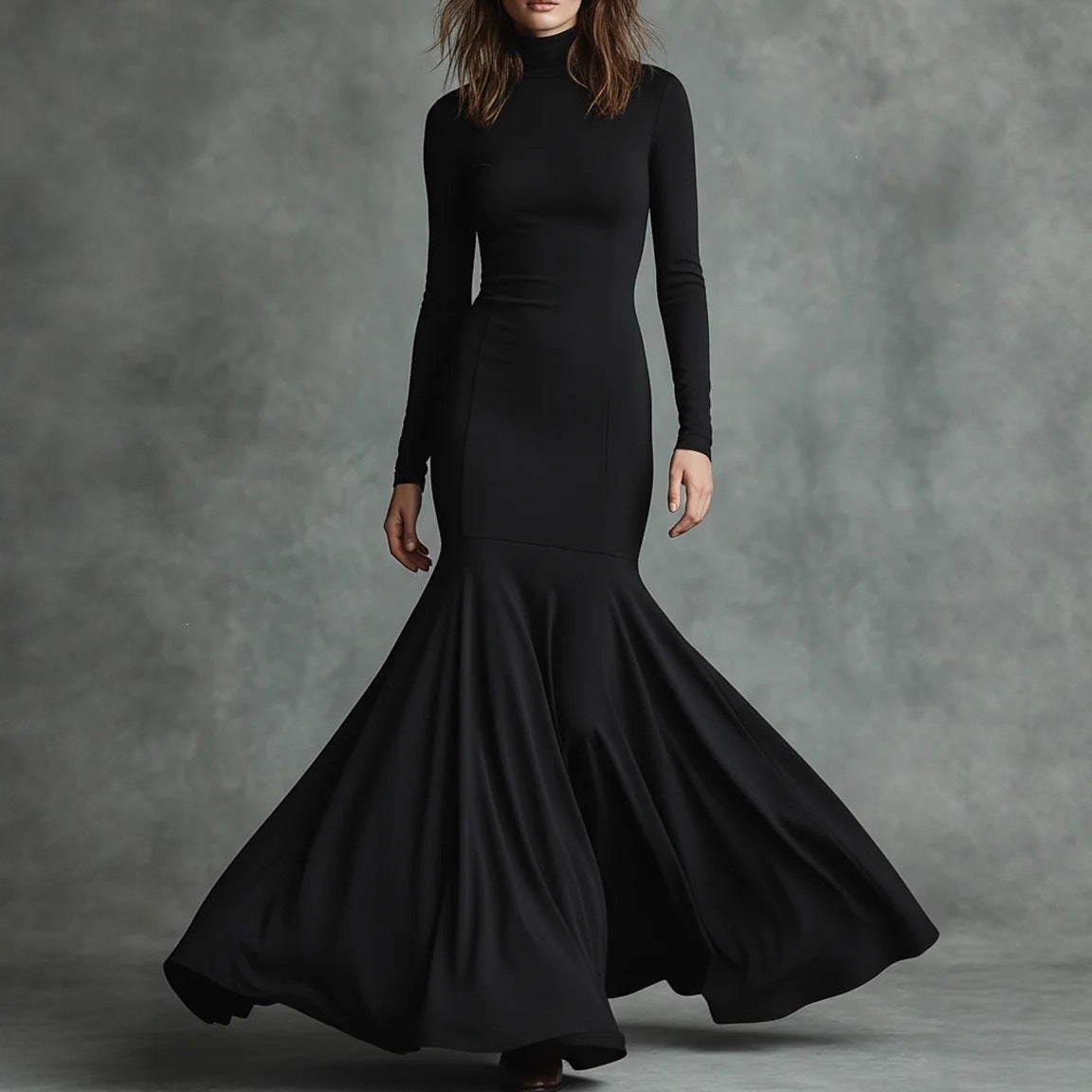 Mermaid Maxi Dress for Women — Long Sleeve Turtleneck Evening Gown in Jersey